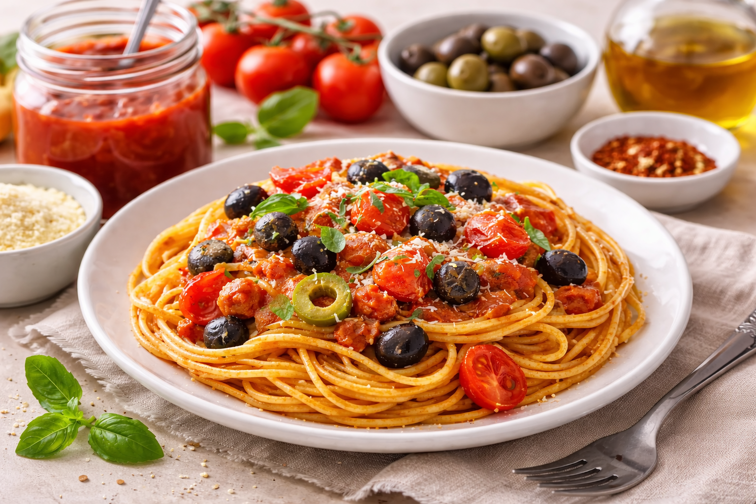 Spaghetti alla puttanesca s parmazánem